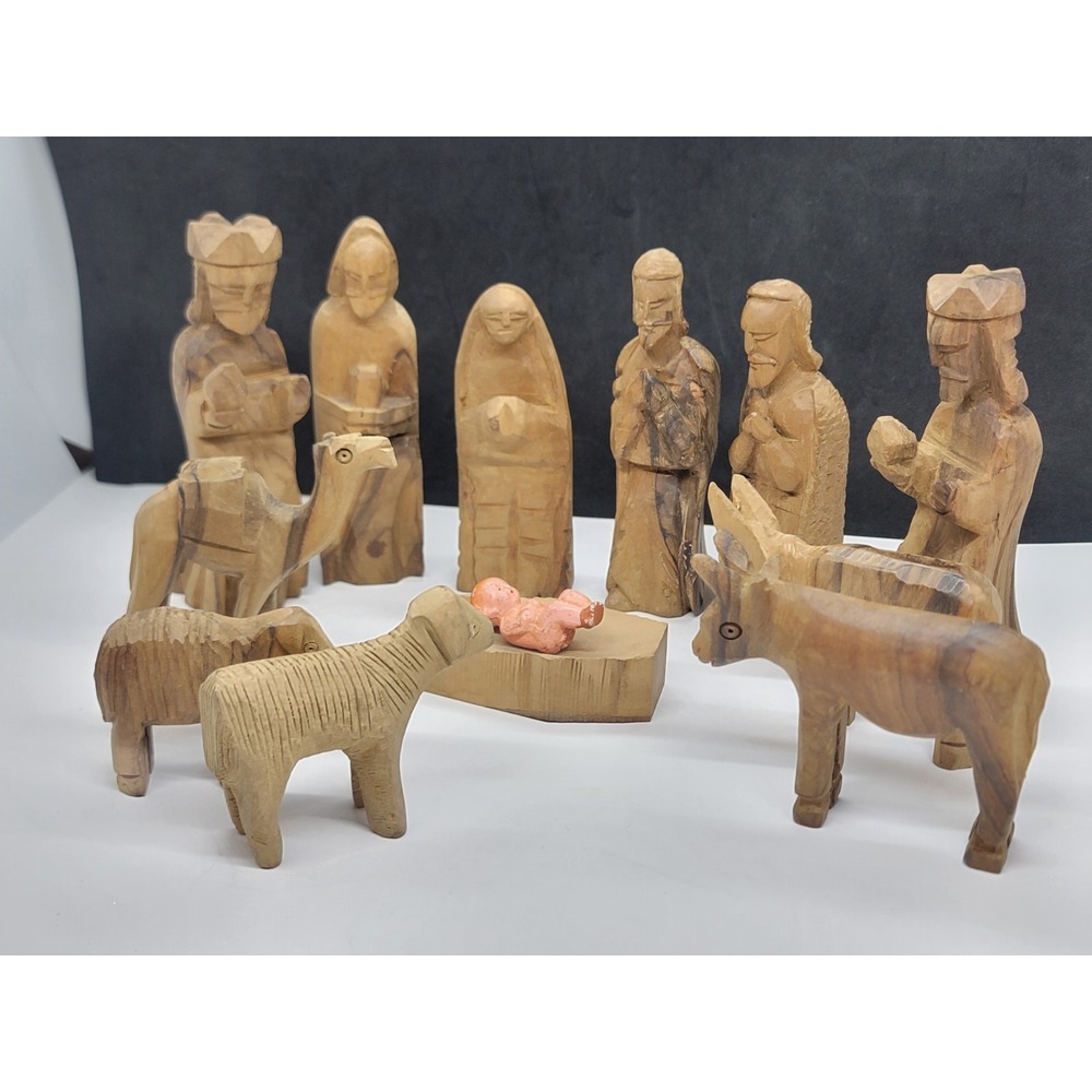 Vintage Hand Carved Wood Rustic Nativity Set Wise Men Mary Joseph Animals Manger